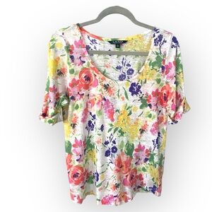 Lauren Ralph Lauren women's linen white bright floral short sleeve top. Size L